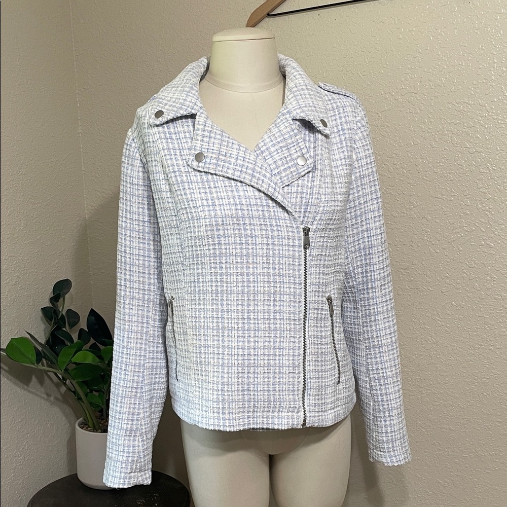 G by Giuliana Black Label Tweed Moto Jacket in Light Blue & White